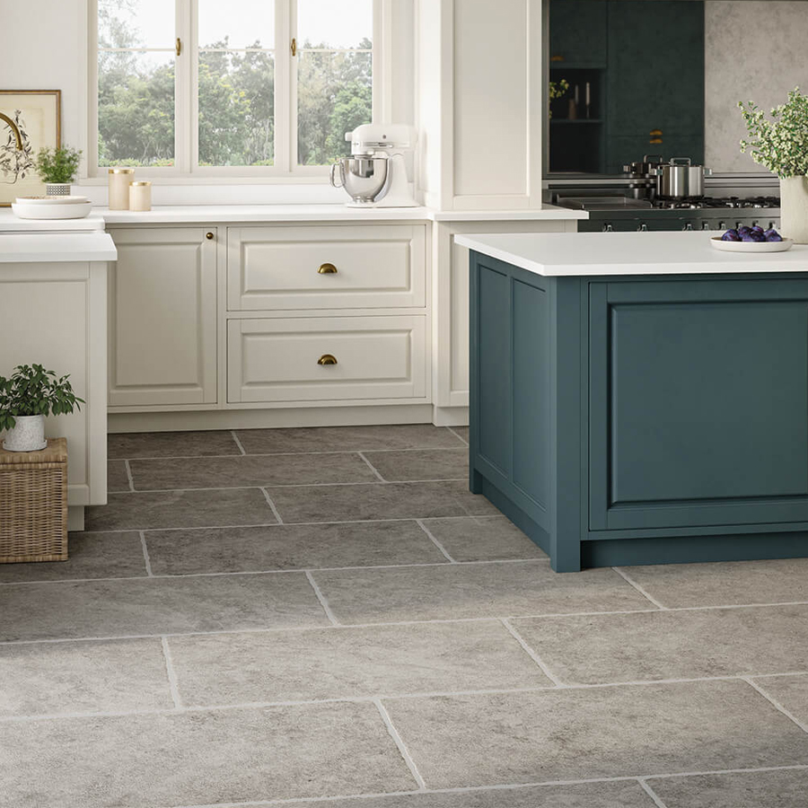 Kensington Natural Grey antique stone floor tiles running under kitchen cabinets